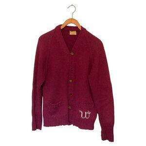 Hand Made Burgundy Vintage Cardigan Sweater Men's Button Up Handknit Monogram W